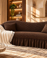 Chocolate Royale Turkish sofa cover in brown with ruffle skirt | House of Wriya