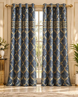 Blue-grey luxury curtains with gold geometric lattice and Greek-key border in an elegant interior.
