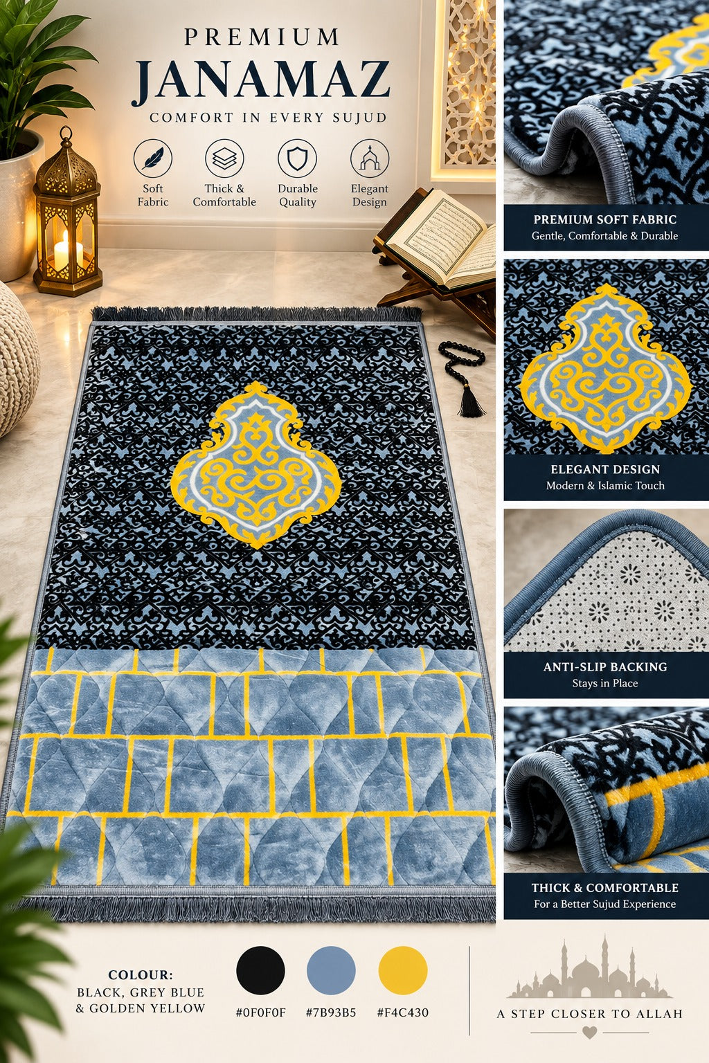 Black, Grey Blue & Golden Yellow Premium Foam Janamaz