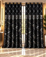 Black and silver luxury curtains with a diamond lattice pattern, Greek-key border and marble-inspired print.