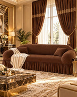 Brown Turkish Sofa Cover with Textured Design and Pleated Skirt in a Luxury Living Room | House of Wriya