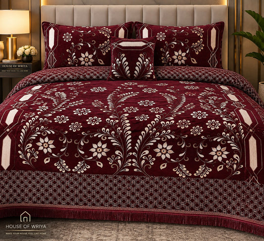 Burgundy floral print bedsheet set with elegant botanical design styled on a luxury bedroom