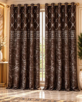 Chocolate brown curtains with silver diamond lattice, Greek-key border and marble-inspired detailing.