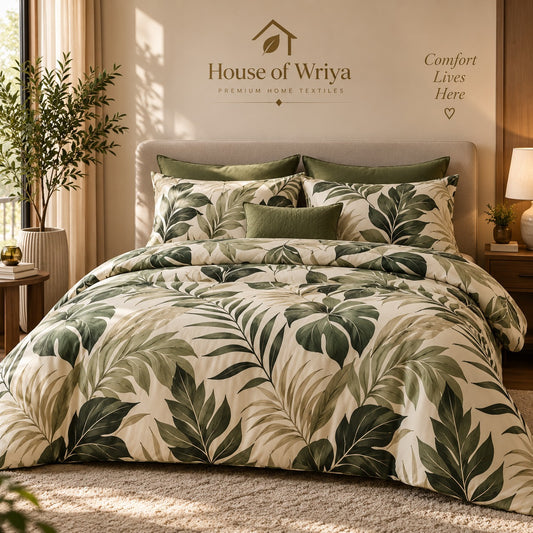 Green leaf print bedsheet set with botanical design and matching cushion covers styled on a luxury bedroom