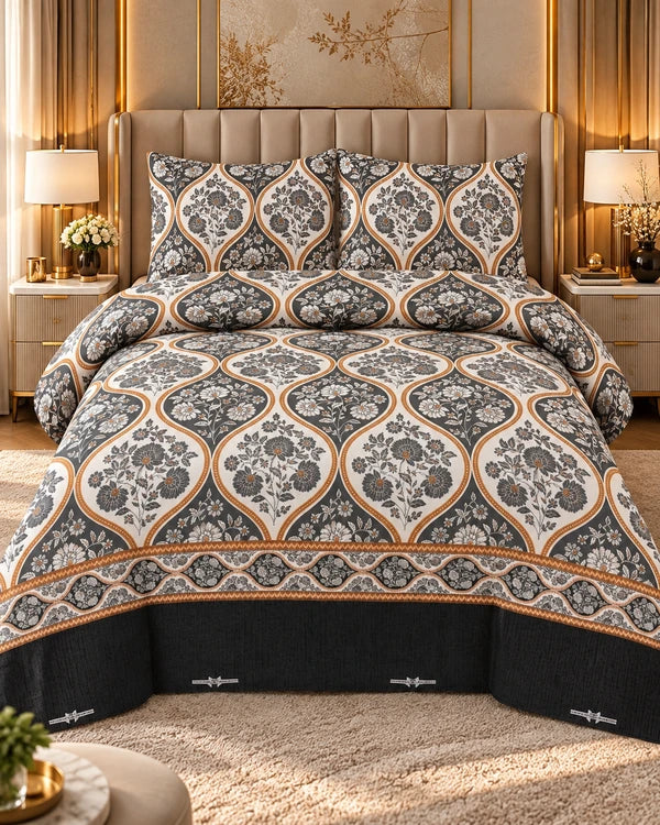 Grey and white floral bedsheet with gold pattern by House of Wriya