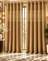 Golden beige luxury curtains with elegant Greek key and floral pattern