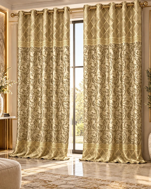 Golden beige luxury curtains with elegant floral and Greek key pattern
