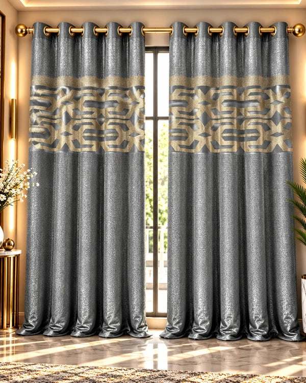 Grey and gold luxury curtains with elegant geometric pattern