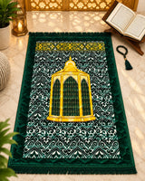 Mushk-e-Jannat emerald green Janamaz with golden Mehrab design and white ornamental patterns by House of Wriya.
