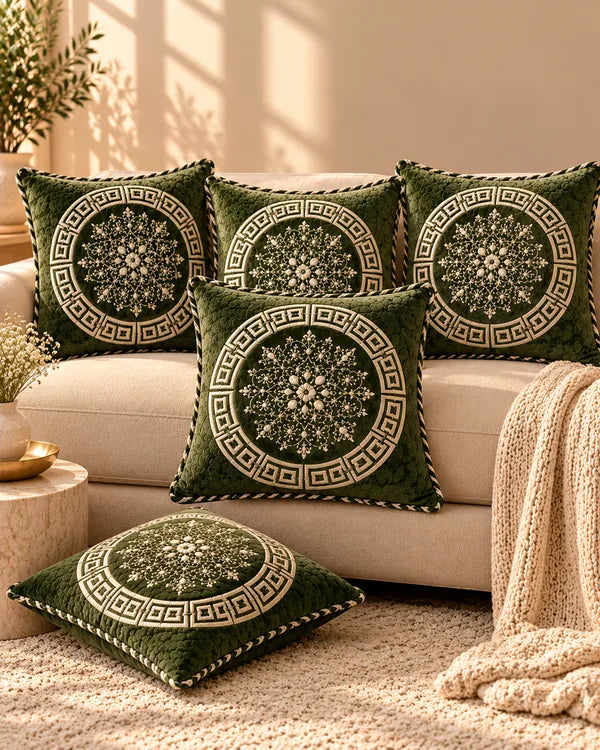 Olive green cushion covers with intricate gold floral medallions and Greek-key borders arranged on a cream sofa.