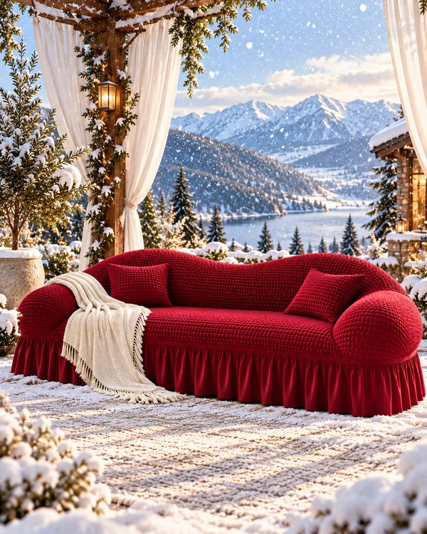 Red Turkish sofa cover with textured fabric, matching cushions and pleated skirt in a luxury snowy outdoor setting.