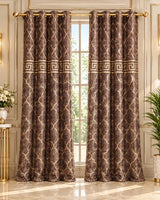 Taupe brown luxury curtains with gold geometric lattice and Greek-key border in an elegant interior.