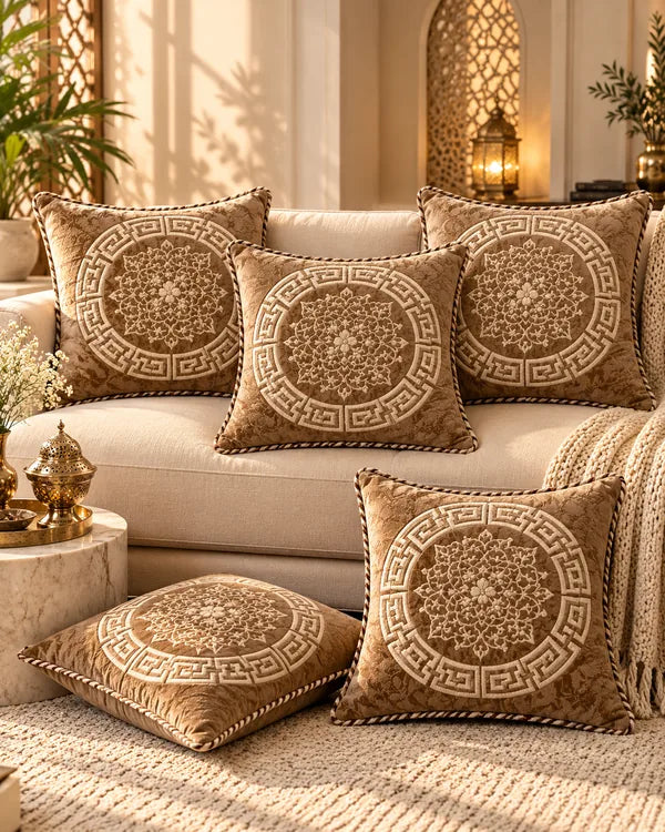 Taupe brown cushion covers featuring intricate gold floral medallions and Greek-key borders arranged on a cream sofa.