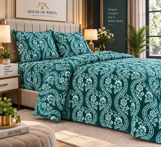 Teal green printed bedsheet set with white floral design and matching pillow covers