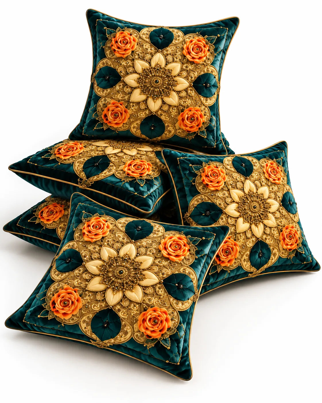 Teal green cushion covers with intricate gold floral medallions, orange rose motifs and gold piping on a white background