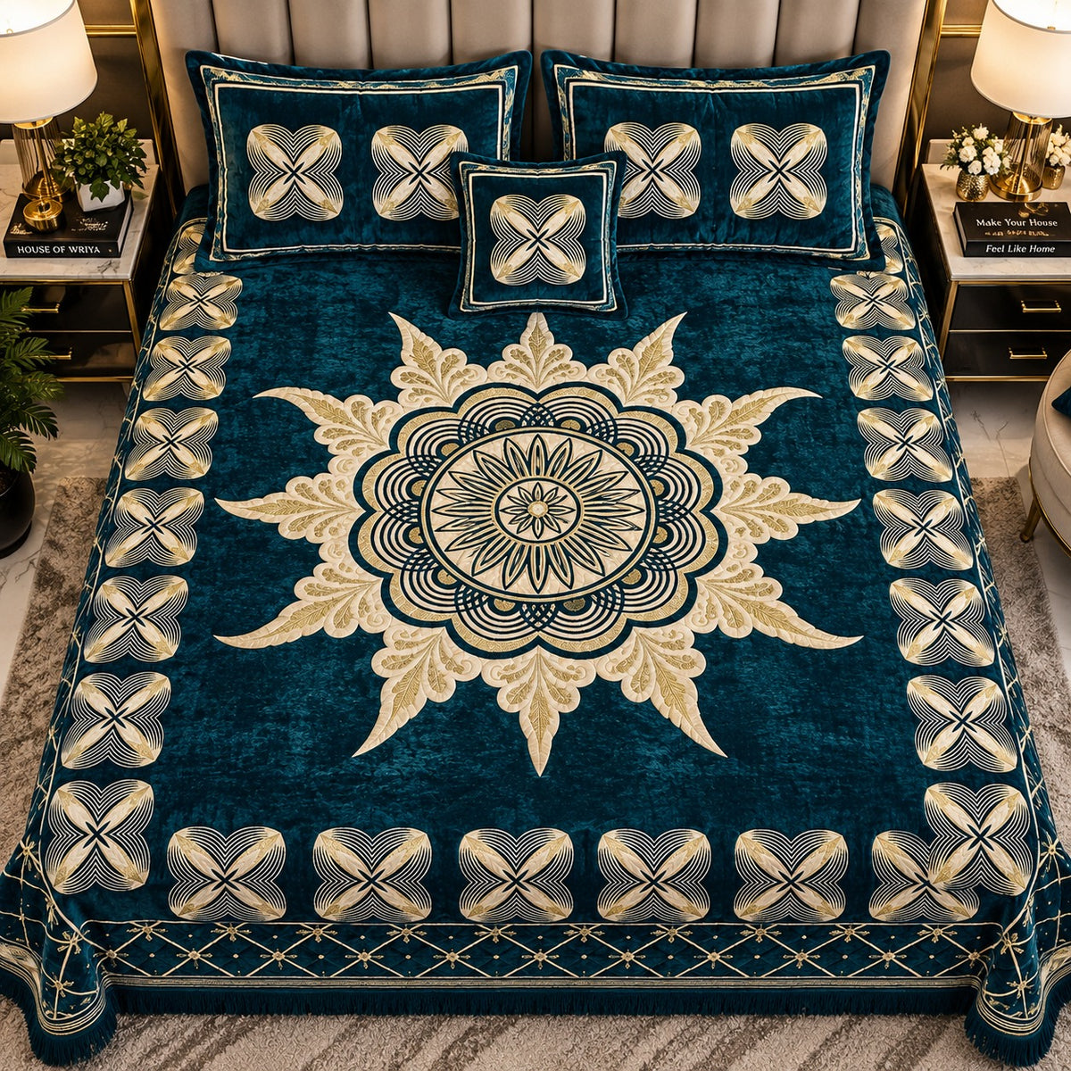 Teal velvet bedsheet set with elegant floral design and matching cushion covers styled on a luxury bed