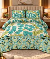 Teal and green leaf print bedsheet with decorative border by House of Wriya