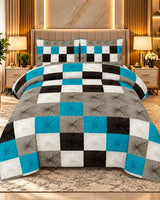 Turquoise black and white checkered bedsheet with modern geometric design by House of Wriya