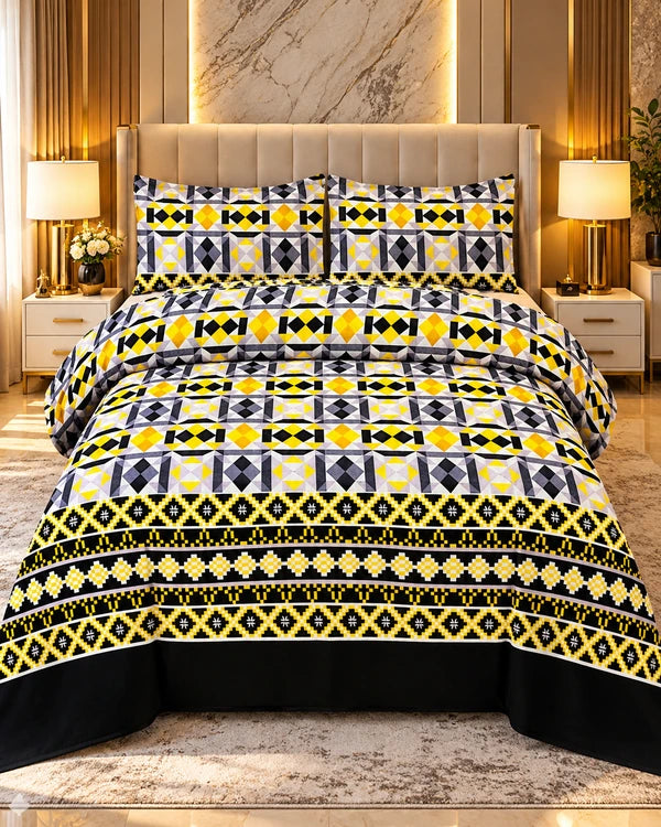 Yellow black geometric printed bedsheet with modern pattern by House of Wriya