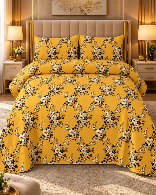 yellow floral bedsheet with elegant rose print by House of Wriya