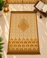 Zareen Mahal premium golden-brown Janamaz with intricate cream ornamental patterns and decorative golden fringes by House of Wriya.