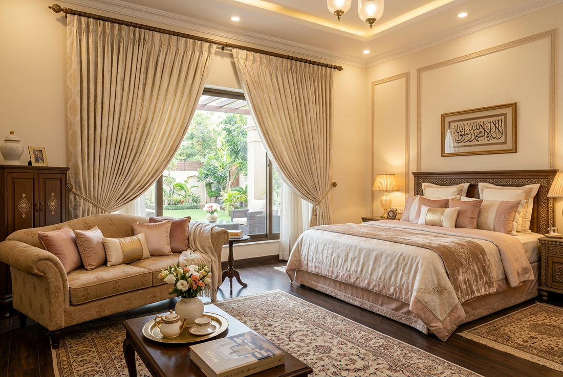 Elegant cream and gold bedsheet styled in a luxury bedroom by House of Wriya