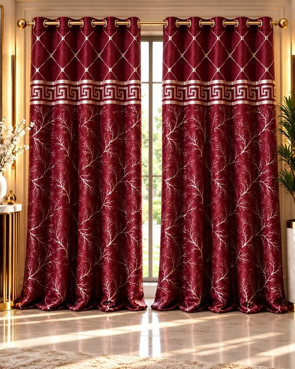 Burgundy curtains with geometric lattice pattern, Greek-key border and delicate branch detailing.
