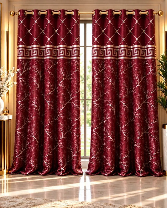 Burgundy curtains with geometric lattice pattern, Greek-key border and delicate branch detailing.