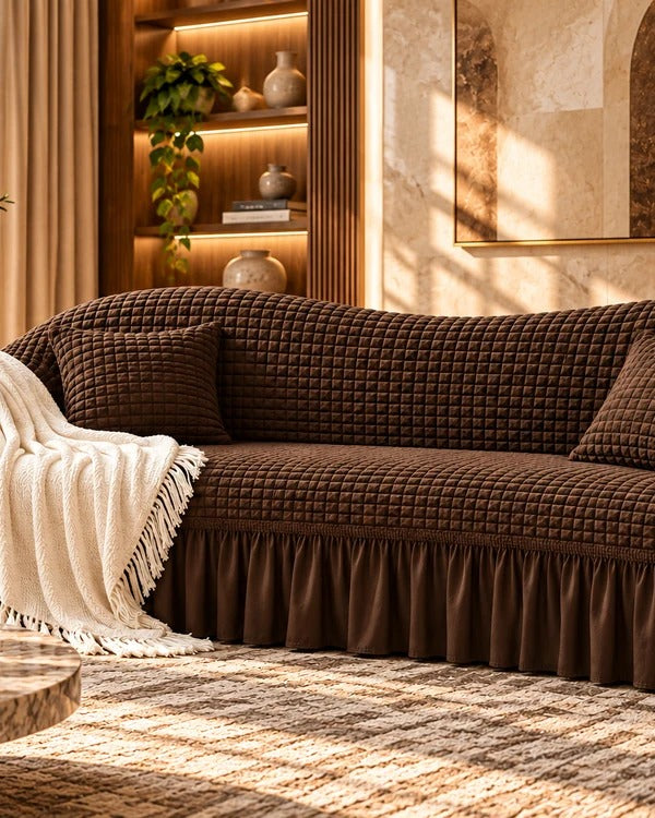 Chocolate Royale Turkish sofa cover in brown with ruffle skirt | House of Wriya