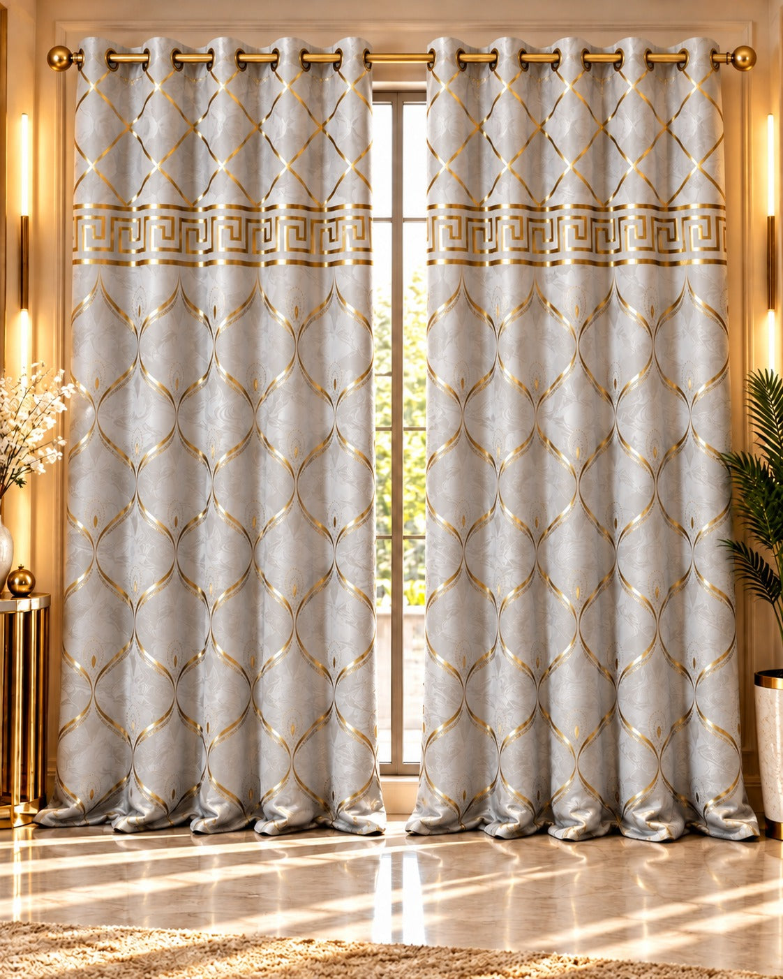 Luxury white and gold printed curtain with elegant border
