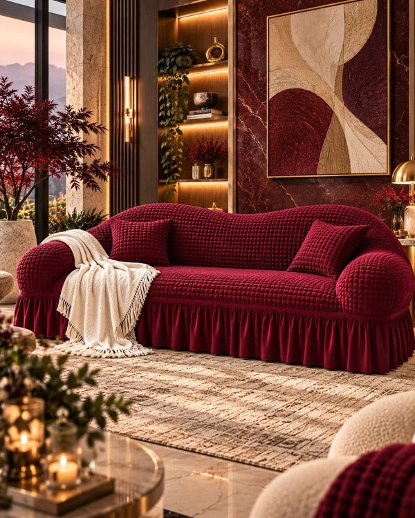 Royal burgundy quilted sofa cover set on a luxury sofa with elegant interior styling by House of Wriya.