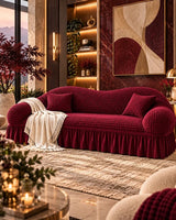 Royal burgundy quilted sofa cover set on a luxury sofa with elegant interior styling by House of Wriya.