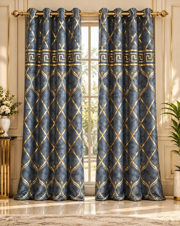 Blue-grey luxury curtains with gold geometric lattice and Greek-key border in an elegant interior.