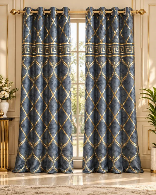 Blue-grey luxury curtains with gold geometric lattice and Greek-key border in an elegant interior.