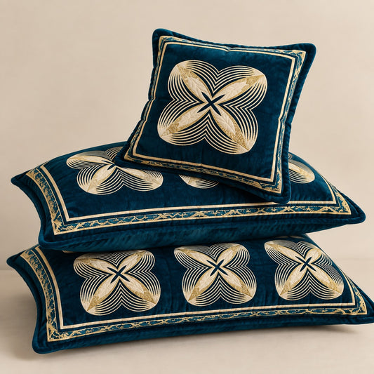 Teal velvet cushion covers set of 3 with elegant gold floral design styled on a luxury bedroom