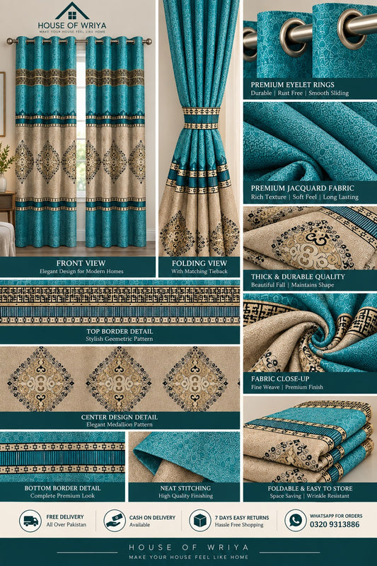 Royal Teal Jacquard Greek Curtain