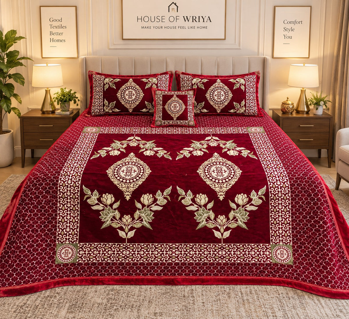 👑 Royal Garnet Heritage — Jacquard Velvet Bedsheet Set