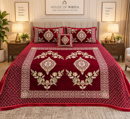👑 Royal Garnet Heritage — Jacquard Velvet Bedsheet Set