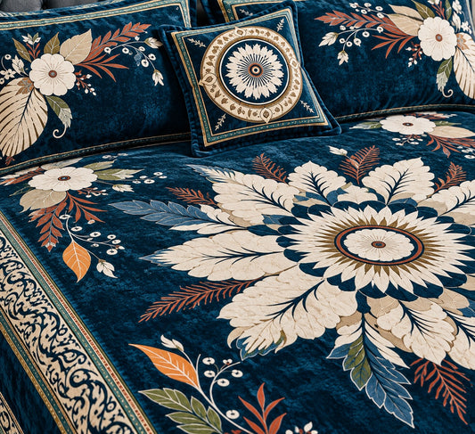 🦚 Royal Peacock Blue Teal — Premium Velvet Bedsheet Set