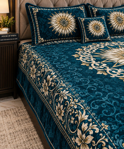 💎 Royal Teal Golden MedallionPremium Jacquard Velvet 4-Piece King Size Bedding Set