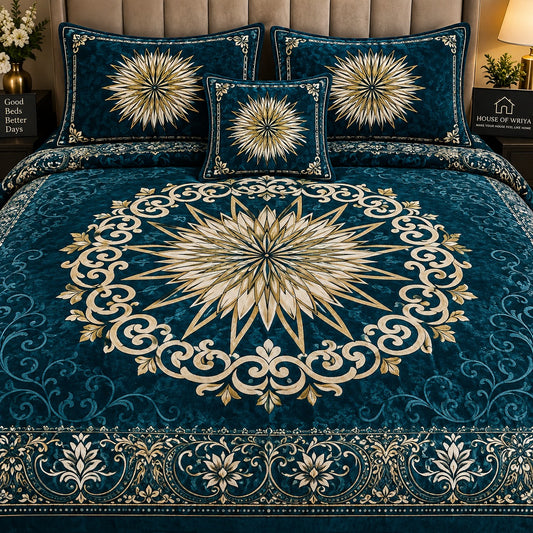 💎 Royal Teal Golden MedallionPremium Jacquard Velvet 4-Piece King Size Bedding Set