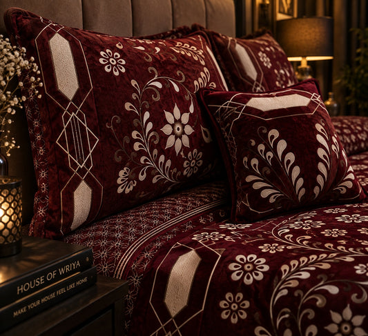 Royal Burgundy Floral Premium Jacquard Velvet 4-Piece King Size Bedding Set