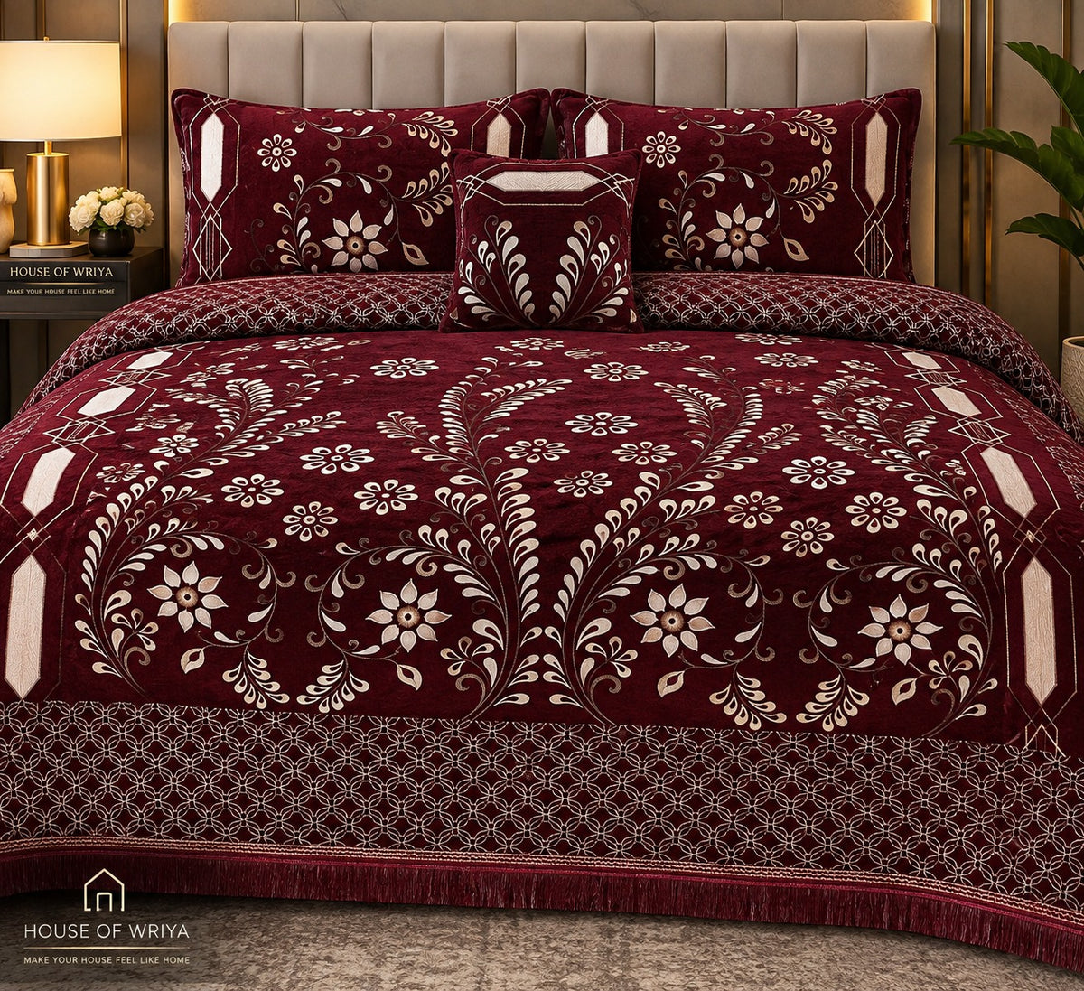 Royal Burgundy Floral Premium Jacquard Velvet 4-Piece King Size Bedding Set