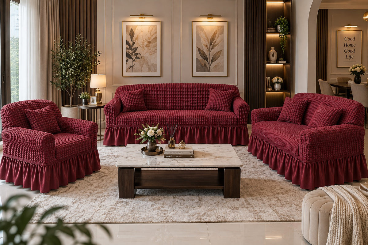 👑 Royal Ottoman Burgundy — Turkish Bubble Luxe 3+2+1 Sofa Cover Set