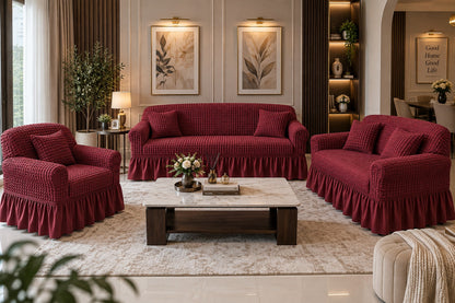 👑 Royal Ottoman Burgundy — Turkish Bubble Luxe 3+2+1 Sofa Cover Set