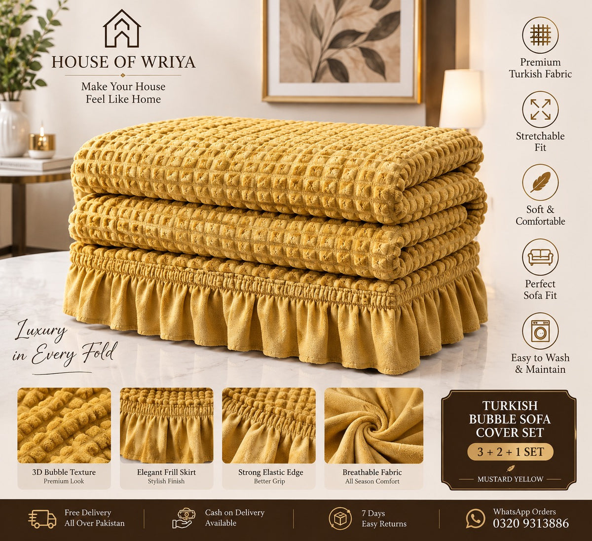 ✨ Royal Mustard Luxe — Turkish Bubble Sofa Cover