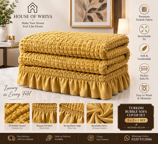 ✨ Royal Mustard Luxe — Turkish Bubble Sofa Cover