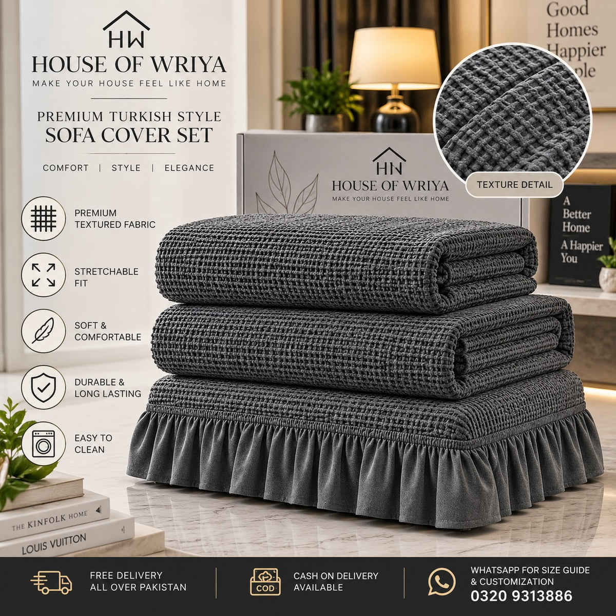 🩶 Royal Charcoal Grey Turkish Sofa Cover