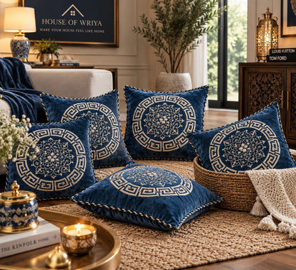 ✨ Premium Navy Blue Jagad Velvet Cushion Cover Set