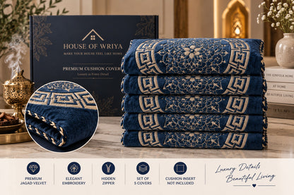 ✨ Premium Navy Blue Jagad Velvet Cushion Cover Set